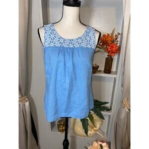 Coral Bay Medium Petite PM Blue White Floral Sleeveless Top GUC Linen Rayon